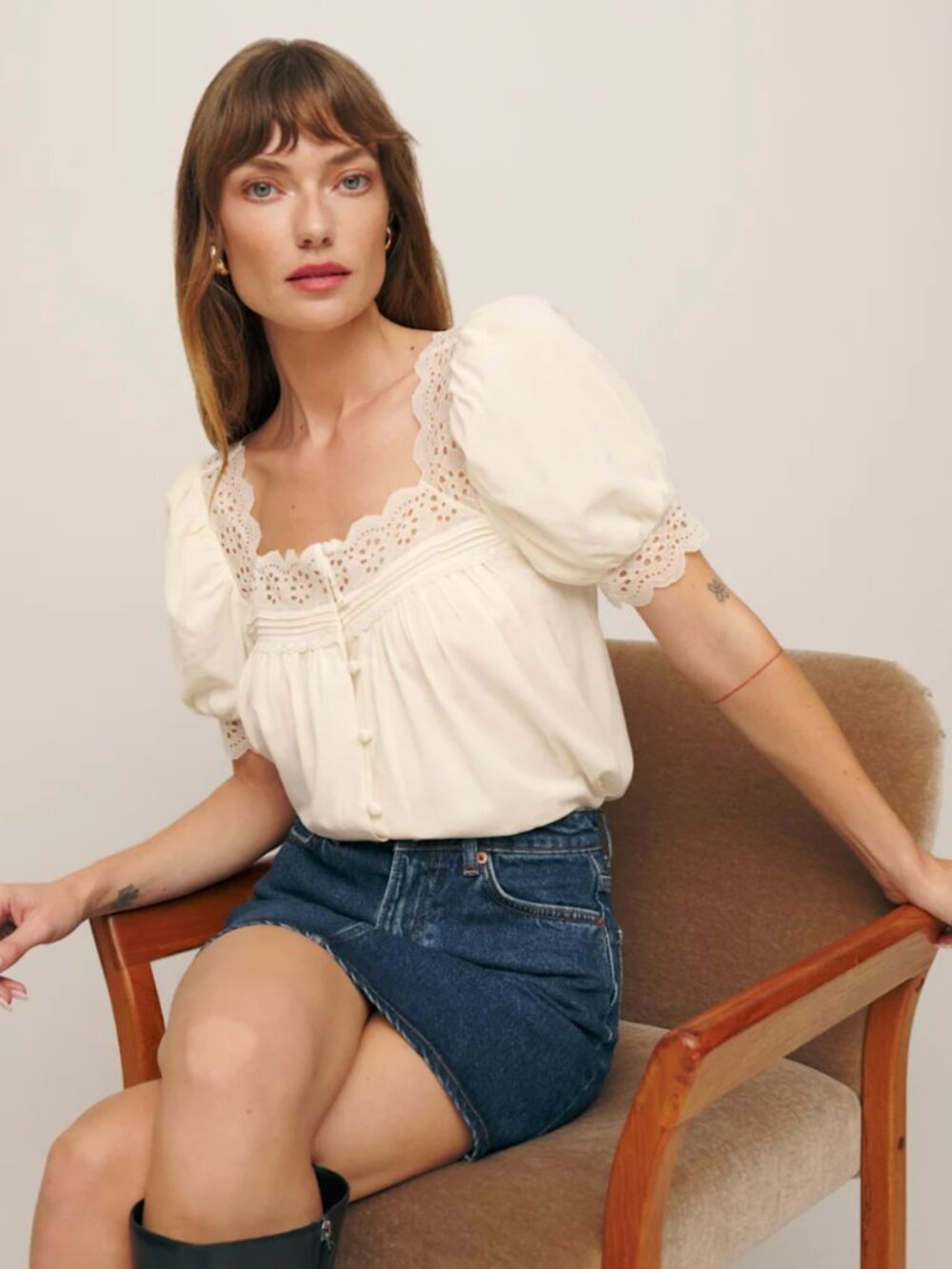 Reformation Cream Eyelet Lace Square Neck Puff Sleeve Blouse